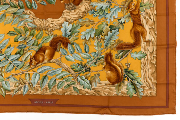 Hermes Silk Scarf Carre 90 "Casse Noisette Squirrel" Brown Silk Scarf - Image 6