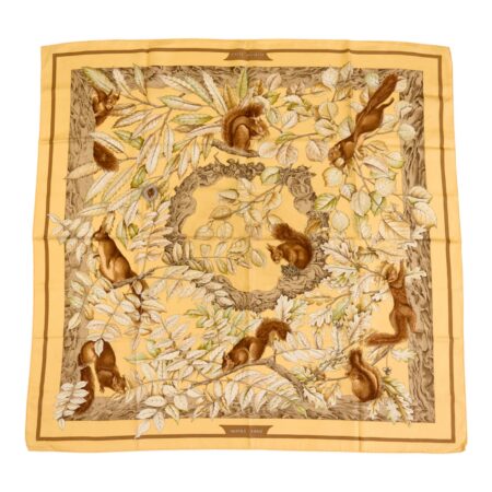 Hermes Silk Scarf Carre 90 "Casse Noisette Squirrel" Yellow Silk Scarf