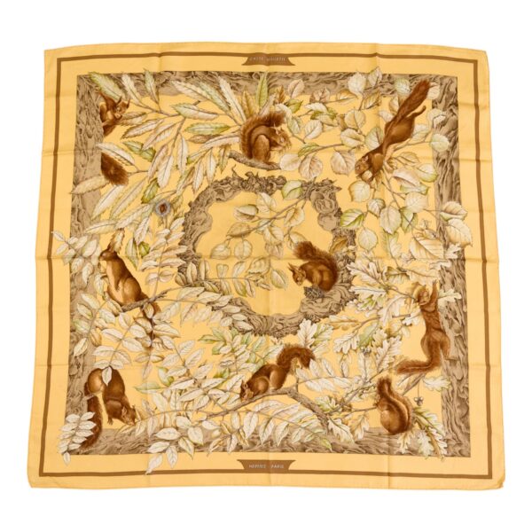Hermes Silk Scarf Carre 90 "Casse Noisette Squirrel" Yellow Silk Scarf