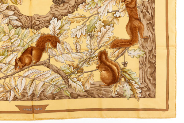 Hermes Silk Scarf Carre 90 "Casse Noisette Squirrel" Yellow Silk Scarf - Image 6