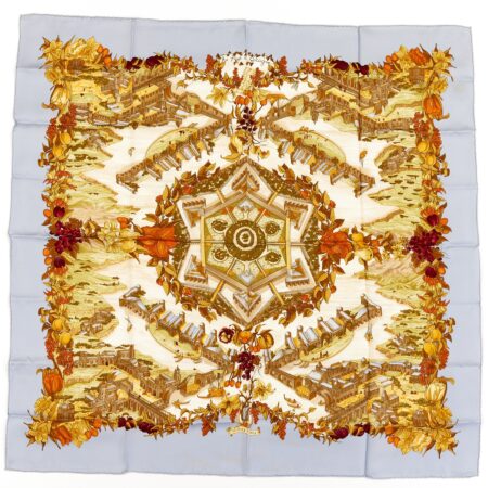 Hermes Silk Scarf Carre 90 "AU PAYS DE COCAGNE" Blue Silk Scarf