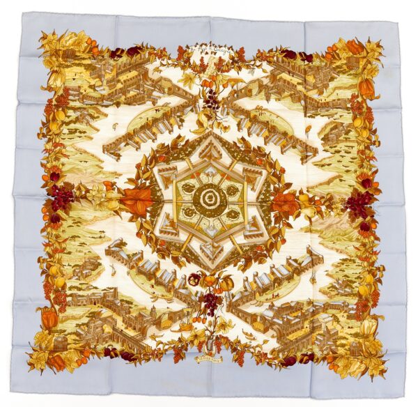 Hermes Silk Scarf Carre 90 "AU PAYS DE COCAGNE" Blue Silk Scarf