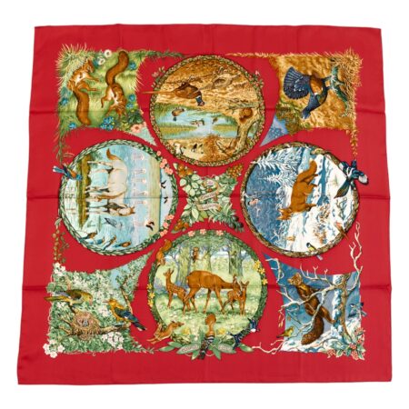 Hermes Silk Scarf Carre 90 "Les Quatre Saisons" Red Silk Scarf