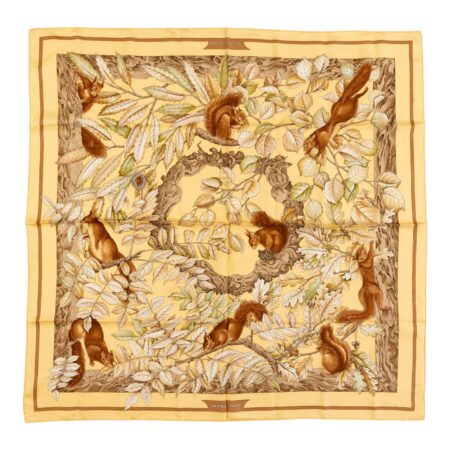 Hermes Silk Scarf Carre 90 "Casse Noisette Squirrel" Yellow Silk Scarf