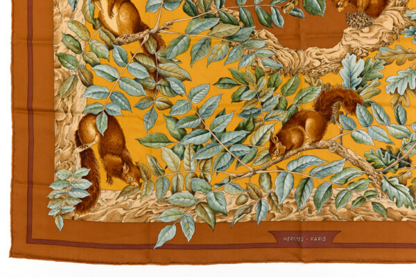 Hermes Silk Scarf Carre 90 "Casse Noisette Squirrel" Brown Silk Scarf - Image 5