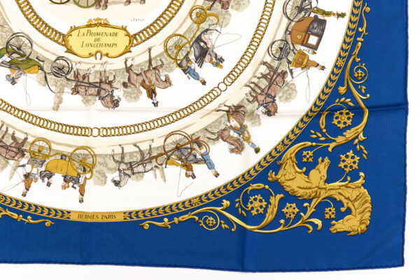 Hermes Silk Scarf Carre 90 "LA PROMENADE DE LONGCHAMPS" Blue Silk Scarf - Image 6