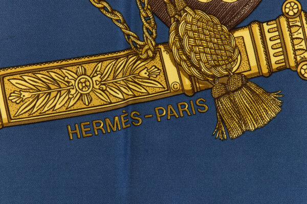 Hermes Silk Scarf Carre 90 "GRAND UNIFORME" Blue Silk Scarf - Image 7