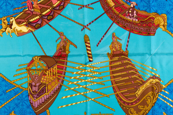 Hermes Silk Scarf Carre 90 "Les Bissone de Venise" Blue Silk Scarf B-(Color Faded) - Image 4