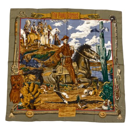 Hermes Silk Scarf Carre 90 "The Pony Express" Green Silk Scarf