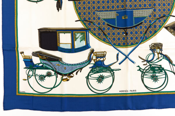 Hermes Silk Scarf Carre 90 "Les Voitures a Transformation" Blue Silk Scarf - Image 5