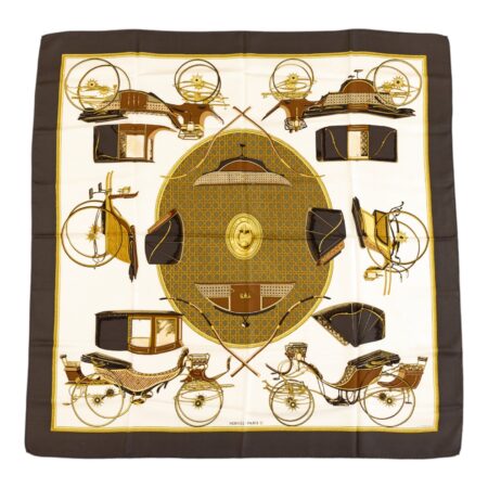 Hermes Silk Scarf Carre 90 "Les Voitures a Transformation" Black Silk Scarf