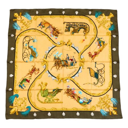 Hermes Silk Scarf Carre 90 "PLUMES ET GRELOTS" Green Silk Scarf