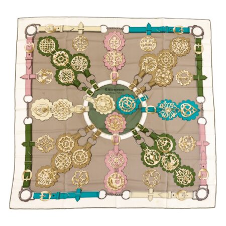 Rare! Hermes Silk Scarf Carre 90 "Cuivreries" Grey Silk Scarf