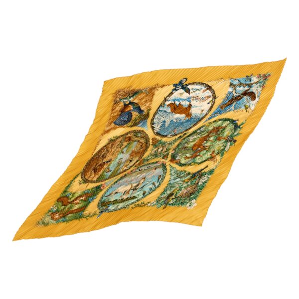 Hermes Silk Scarf Carre 90 "Les Quatre Saisons" Yellow Silk Pleats Scarf