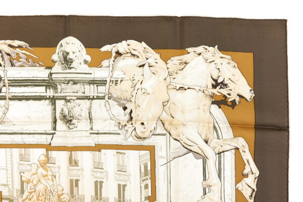 Hermes Silk Scarf Carre 90 "LA FONTAINE DE BARTHOLDI" Brown Silk Scarf - Image 3