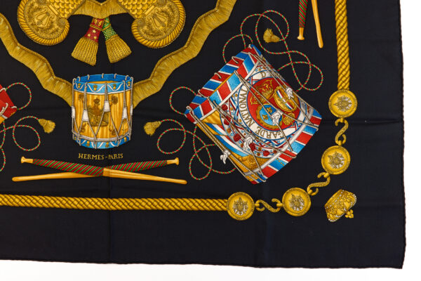 Hermes Silk Scarf Carre 90 "LES TAMBOURS" Black Silk Scarf - Image 6