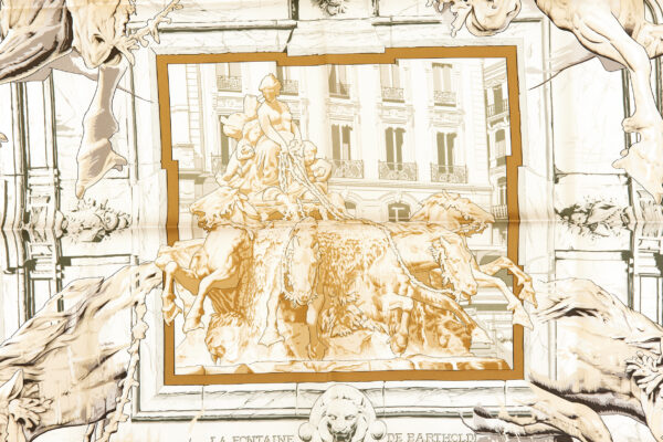 Hermes Silk Scarf Carre 90 "LA FONTAINE DE BARTHOLDI" Brown Silk Scarf - Image 4