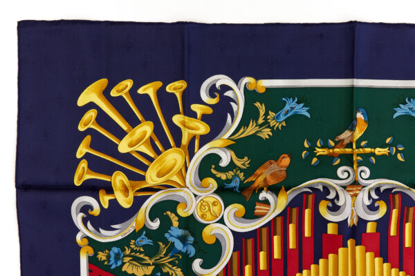Hermes Silk Scarf Carre 90 "Orgauphone et Autres Mecaniques" Blue Silk Scarf - Image 2