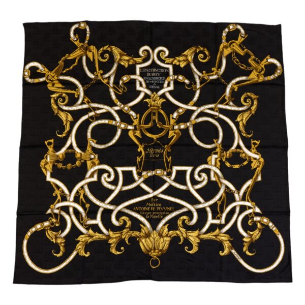 Mint! Hermes Silk Scarf Carre 90 "L'INSTRUCTION DU ROY" Black Silk Scarf with Box