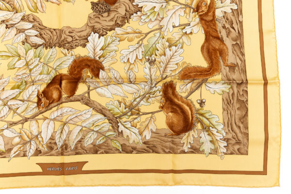Hermes Silk Scarf Carre 90 "Casse Noisette Squirrel" Yellow Silk Scarf - Image 6