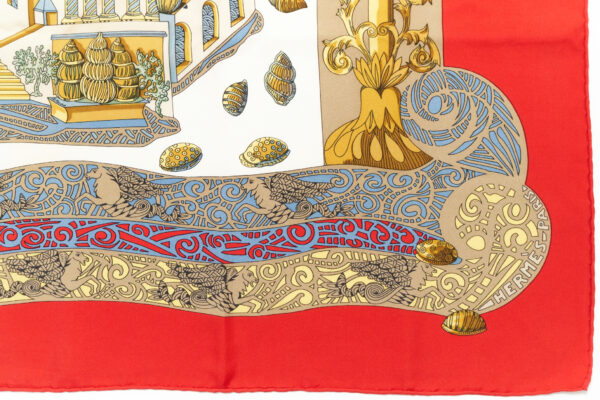 Hermes Scarf 90 "L'Atlantide " Red 100% Silk Scarf 35" - Image 6