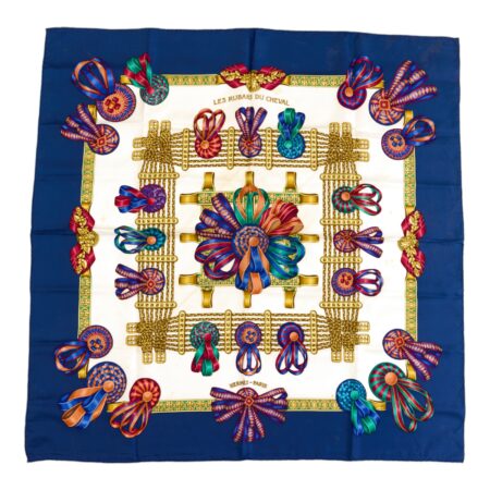 Hermes Silk Scarf Carre 90 "Les Rubans du Cheval" Blue Silk Scarf