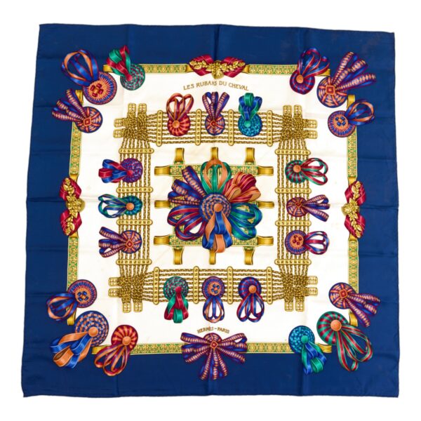 Hermes Silk Scarf Carre 90 "Les Rubans du Cheval" Blue Silk Scarf