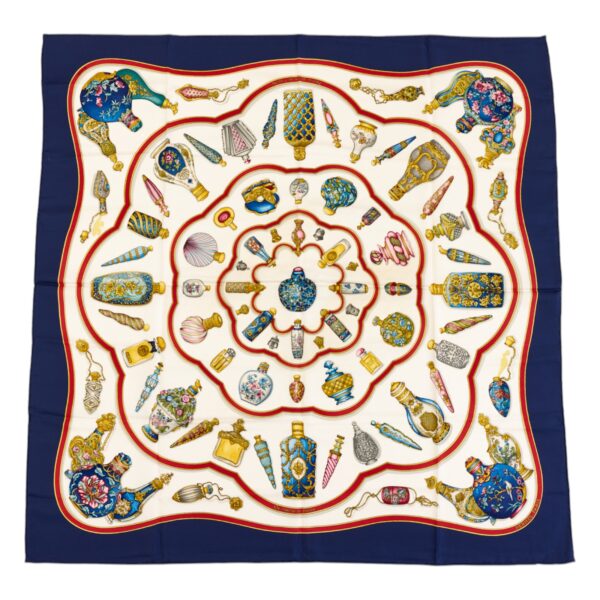Hermes Silk Scarf Carre 90 "Qu'Importe Le Flacon" Blue Silk Scarf