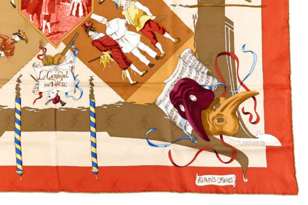 Hermes Silk Scarf Carre 90 "Le Carnaval de Venise" Red Orange Silk Scarf - Image 6