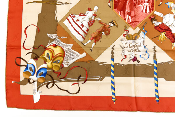 Hermes Silk Scarf Carre 90 "Le Carnaval de Venise" Red Orange Silk Scarf - Image 5