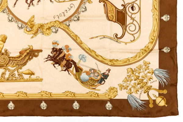 Hermes Silk Scarf Carre 90 "PLUMES ET GRELOTS" Brown Silk Scarf - Image 6