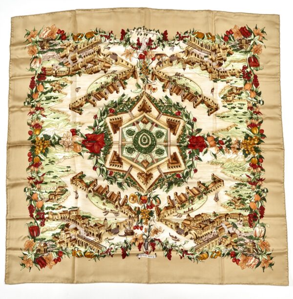 Hermes Scarf 90 "Au Pays de Cocagne" Yellow 100% Silk Scarf 35"