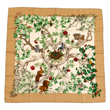 Hermes Silk Scarf Carre 90 "AU COEUR DES BOIS" Brown,Beige Silk Scarf