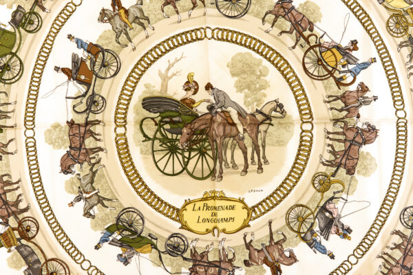 Hermes Silk Scarf Carre 90 "LA PROMENADE DE LONGCHAMPS" Red Silk Scarf - Image 4