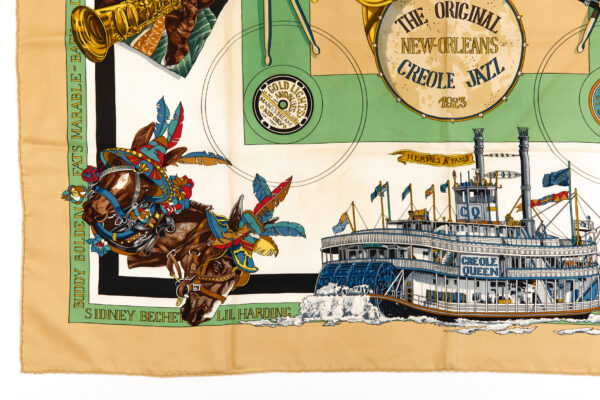 Hermes Silk Scarf Carre 90 "The Original New Orleans Creole Jazz 1923" Beige Silk Scarf - Image 5
