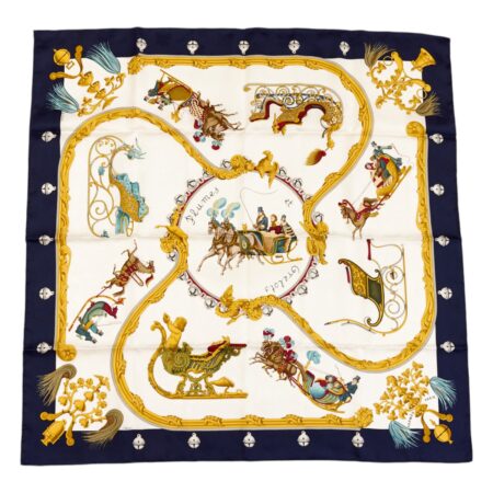 Hermes Silk Scarf Carre 90 "PLUMES ET GRELOTS" Blue Silk Scarf
