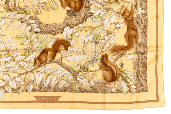 Hermes Silk Scarf Carre 90 "Casse Noisette Squirrel" Yellow Silk Scarf - Image 6