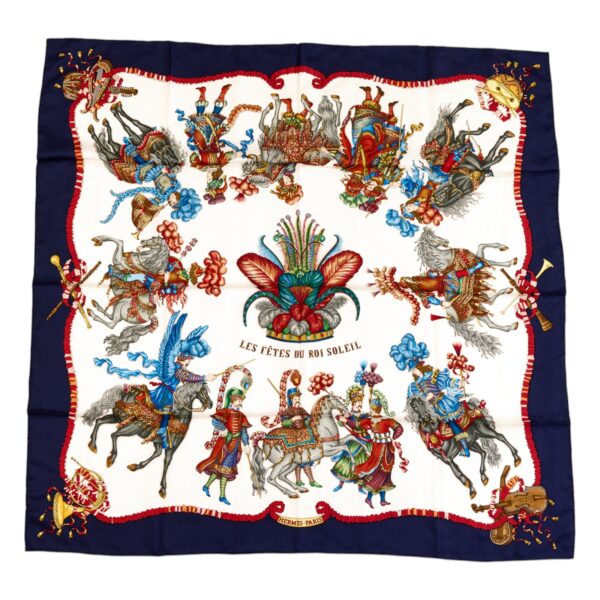 Hermes Silk Scarf Carre 90 "Les Fetes du Roi Soleil" Blue Silk Scarf
