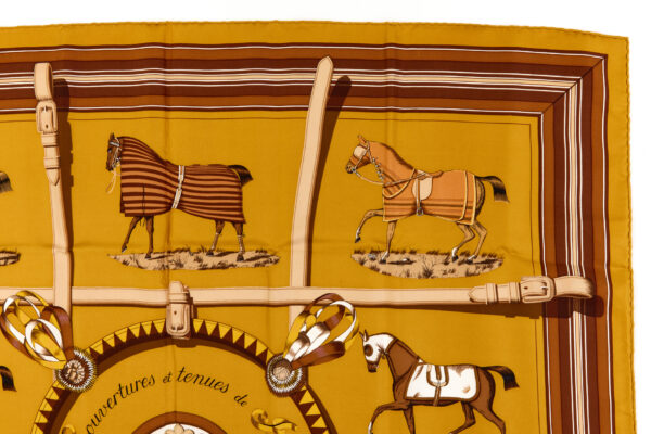 Hermes Silk Scarf Carre 90 "Couvertures et Tenues de Jour" Yellow Silk Scarf - Image 3