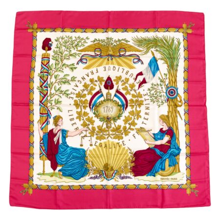 Hermes Silk Scarf Carre 90 "LIBERTE EGALITE FRATERNITE REPUBLIQUE FRANCAISE" Pink Silk Scarf