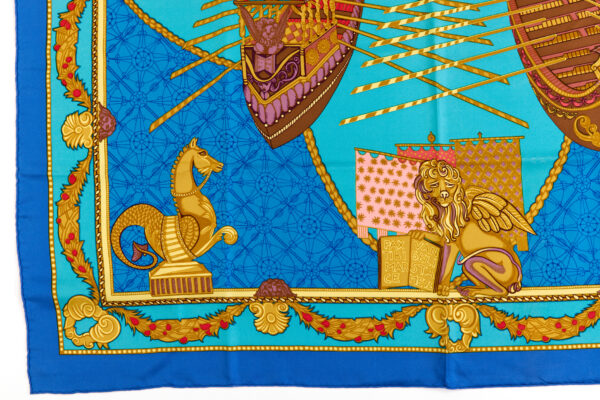 Hermes Silk Scarf Carre 90 "Les Bissone de Venise" Blue Silk Scarf B-(Color Faded) - Image 5