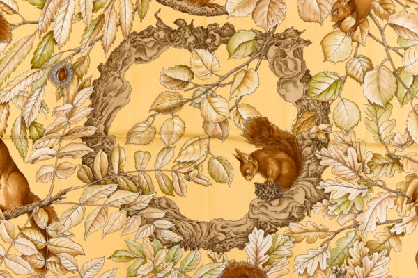 Hermes Silk Scarf Carre 90 "Casse Noisette Squirrel" Yellow Silk Scarf - Image 4