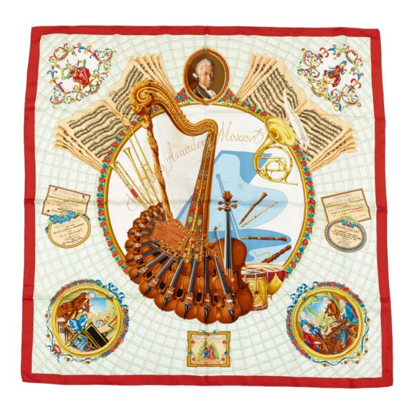 Hermes Silk Scarf Carre 90 "Wolfgang Amadeus Mozart" Red Silk Scarf