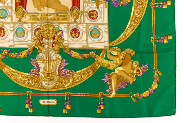 Hermes Silk Scarf Carre 90 "HOMMAGE A CHARLES GARNIER" Green Silk Scarf - Image 6