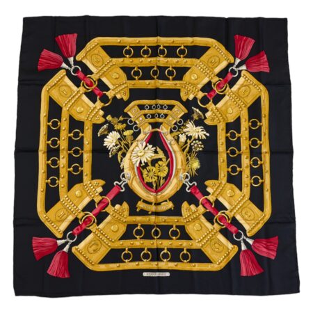 Hermes Silk Scarf Carre 90 "aux champs" Black Silk Scarf