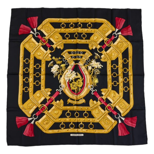 Hermes Silk Scarf Carre 90 "aux champs" Black Silk Scarf