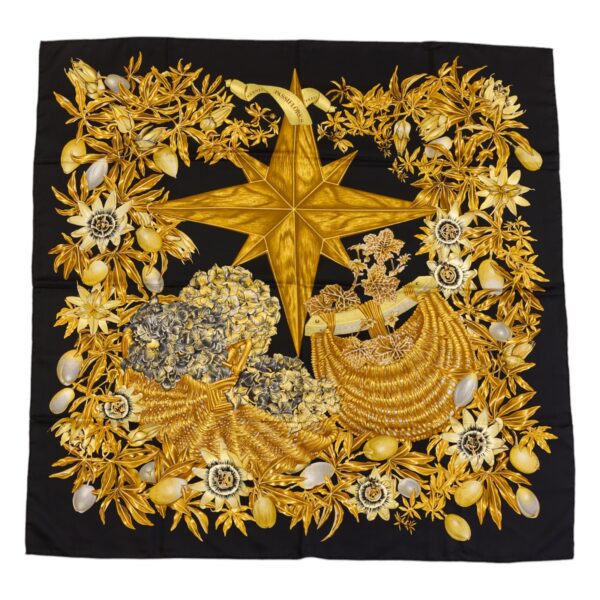 Hermes Silk Scarf Carre 90 "PASSIFLORES" Black Silk Scarf