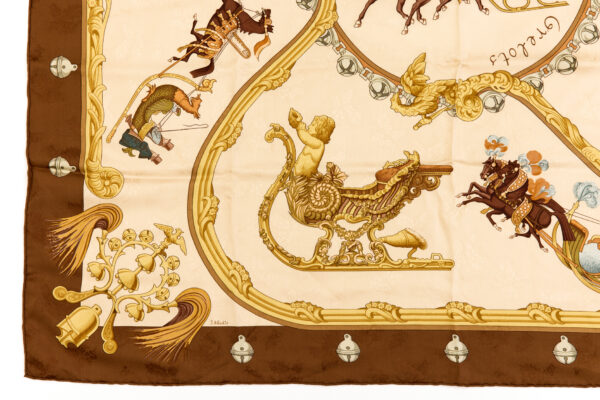Hermes Silk Scarf Carre 90 "PLUMES ET GRELOTS" Brown Silk Scarf - Image 5