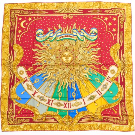 Hermes Scarf 90 "CARPE DIEM" Red, Gold 100% Silk Scarf 35"