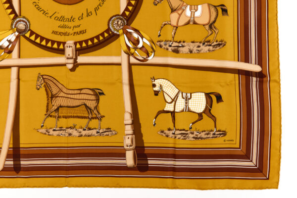 Hermes Silk Scarf Carre 90 "Couvertures et Tenues de Jour" Yellow Silk Scarf - Image 6